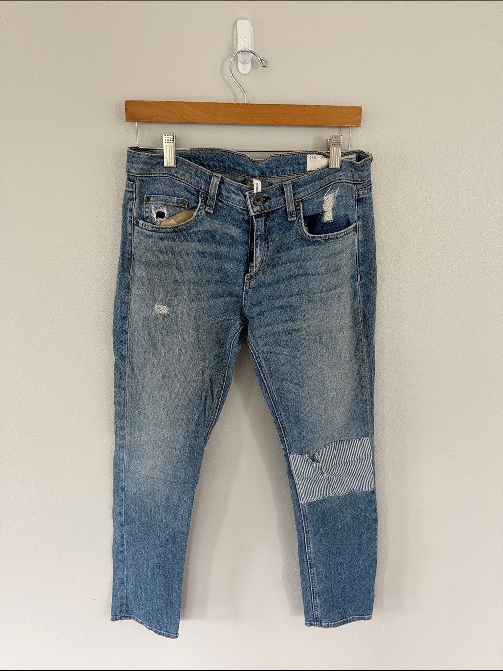 Rag and Bone Light Wash Distressed Jeans with Patch Detail
